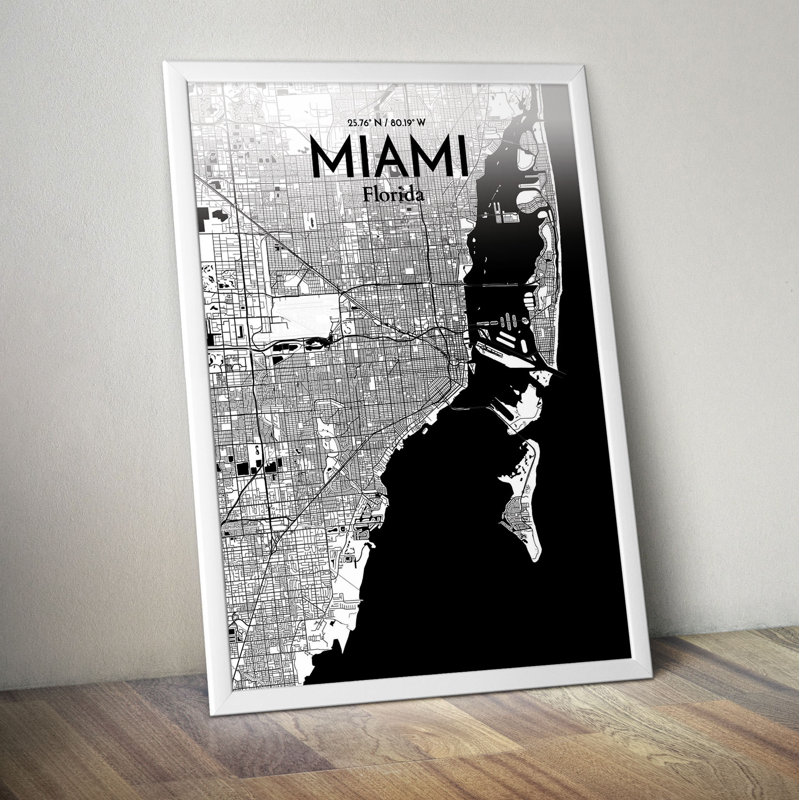 « miami city map », reproduction d’impression sur affiche à motif encre, H 24 po x l 18 po x P 0,05 po