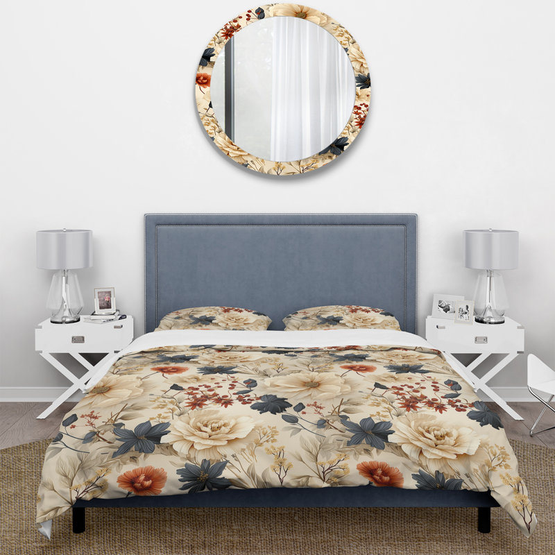 Fleurs de pivoines beiges et bleues antiques - Ensemble de housse de couette floral - Polyester en microfibre