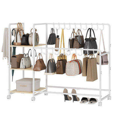 Space-Saving 3-Tier Wooden Purse Organizer Rack with 20 Hooks & 3 Side Hooks – Movable Wheels – Heavy Duty Handbag Storage Shelf for Bedroom, Closet, Entryway –  Natural Wood