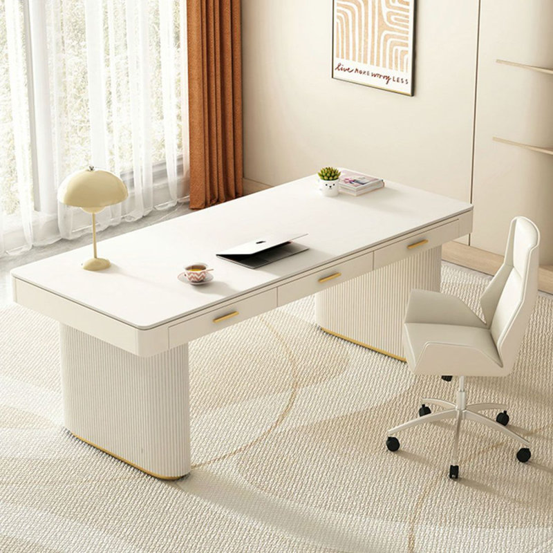 Bureau blanc avec tiroirs en pierre blanche avec tiroirs, H 29,53 po x l 55,12 po x P 27,56 po