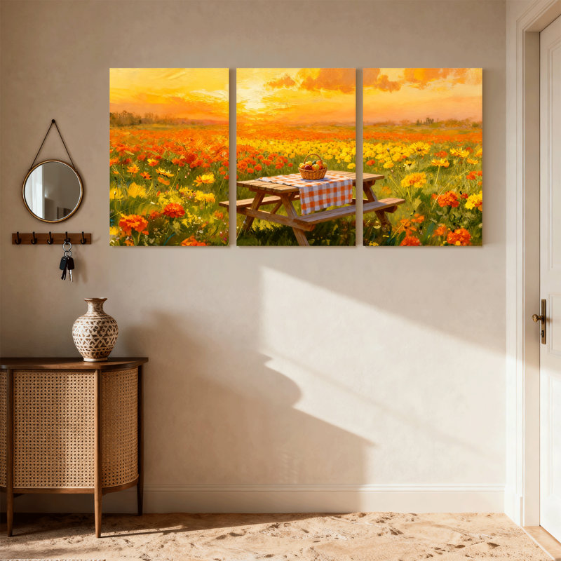 Assortiment de bouquets de fleurs, coucher de soleil, champ de pique-nique, panier de fleurs, ensemble de 3 toiles