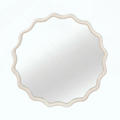 Natural Wood Color 36 inch Wavy Round Solid Wood Frame Decorative Mirror,For Bedroom, Bathroom, Living Room, Entryway