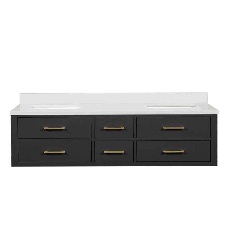 Castor 72" Wall Mounted Double Bathroom Vanity Set, White Quartz, Black