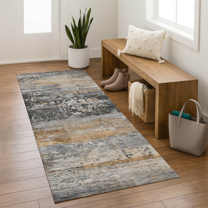 Tapis abstrait lavable à la machine de qualité supérieure Mayfield AMF2146, Gris, Tapis de couloir 2 pi 3 po x 7 pi 6 po