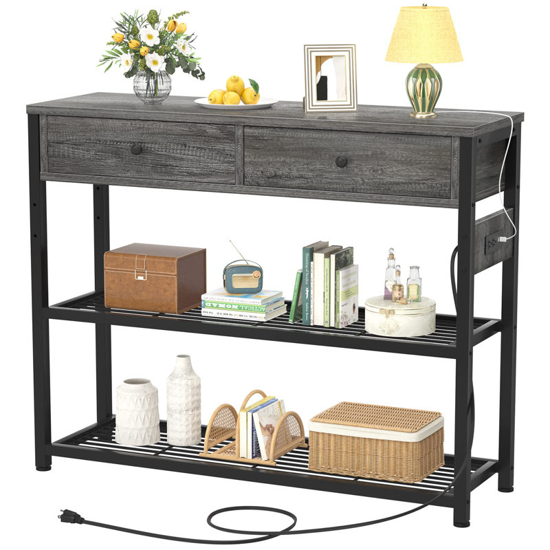 Petite console avec 2 tiroirs, canapé avec tablettes de rangement, 32 po, chêne gris