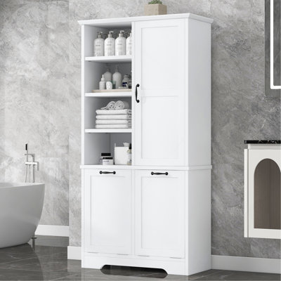 Bathroom Storage Cabinet With Doors And Drawers, Tilt-Out Laundry Hamper, Multiple Storage Space, Freestanding Style, Open Shelve, Adjustable Shelf