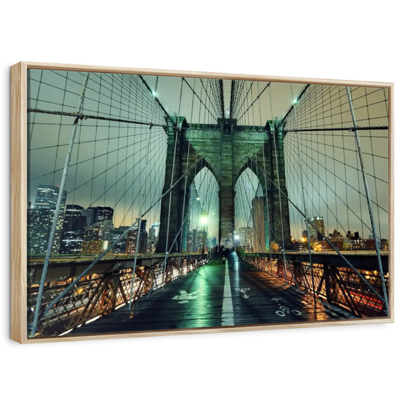 Brooklyn Bridge Nightfall, Cadre flottant en bois naturel, 31 po x 21 po