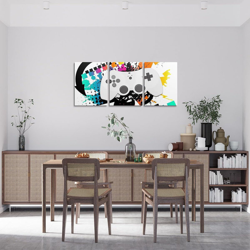 Gaming Console 3 Piece Canvas Wall Art Watercolor Gamer Paintings Wall Decor 16" L x 12" W Each,Game Controller Office Wall Artwork Posters