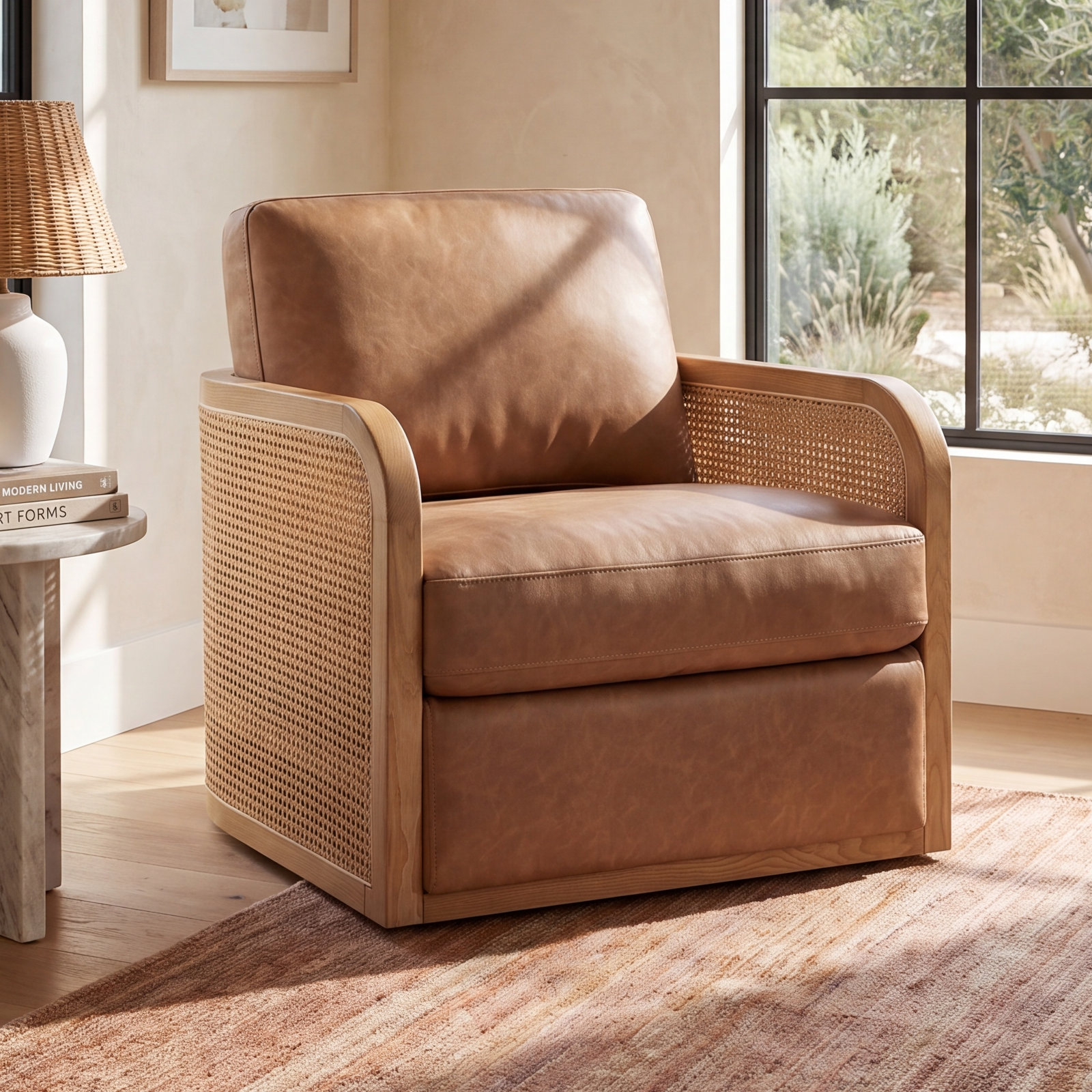 Juliette Swivel Barrel Chair, Copley Camel Vegan Leather