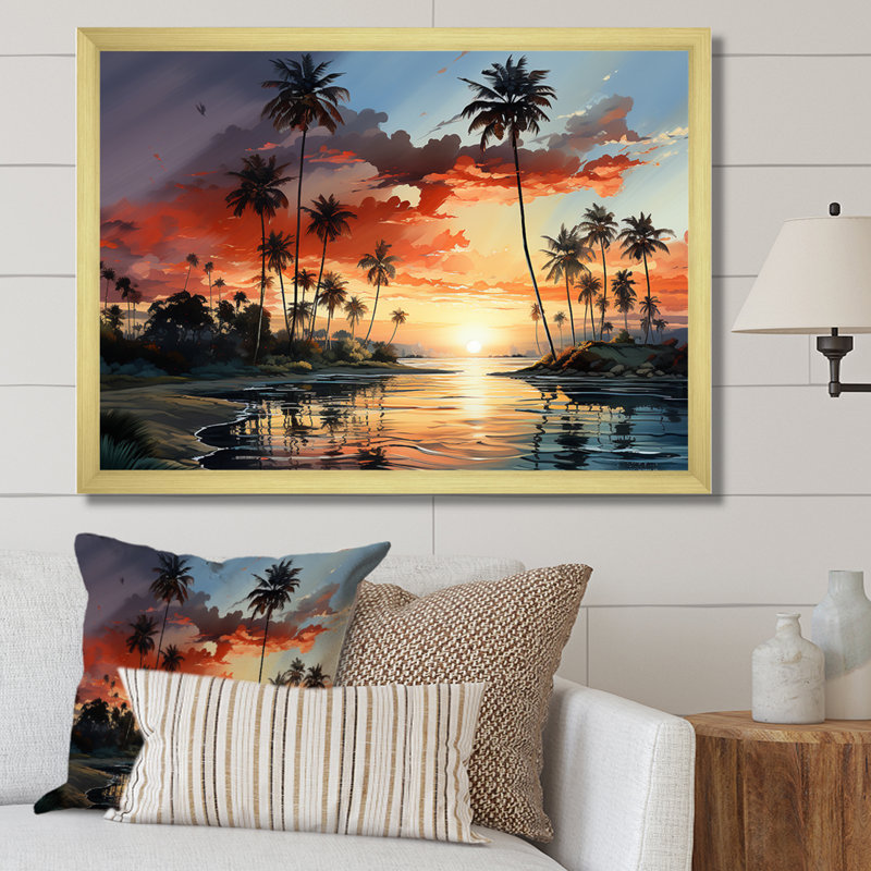 Palmiers, palmiers, sérénité, coucher de soleil sur toile, Encadrement doré, H 34 po x l 44 po x P 1,5 po
