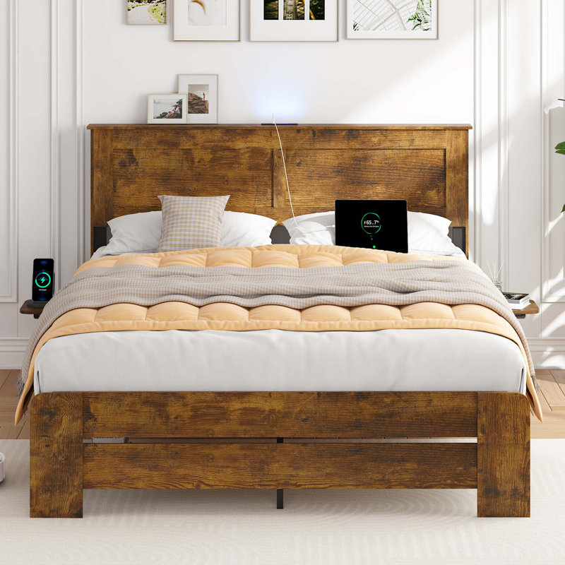 Farmhouse Full Size Bed Frame with Headboard Storage Shelf, Wood Platform Bed Frame with LED Lights & Charging Station, Rustic wood Bed, No Box Spring Needed, Noise-Free Sturdy Structure