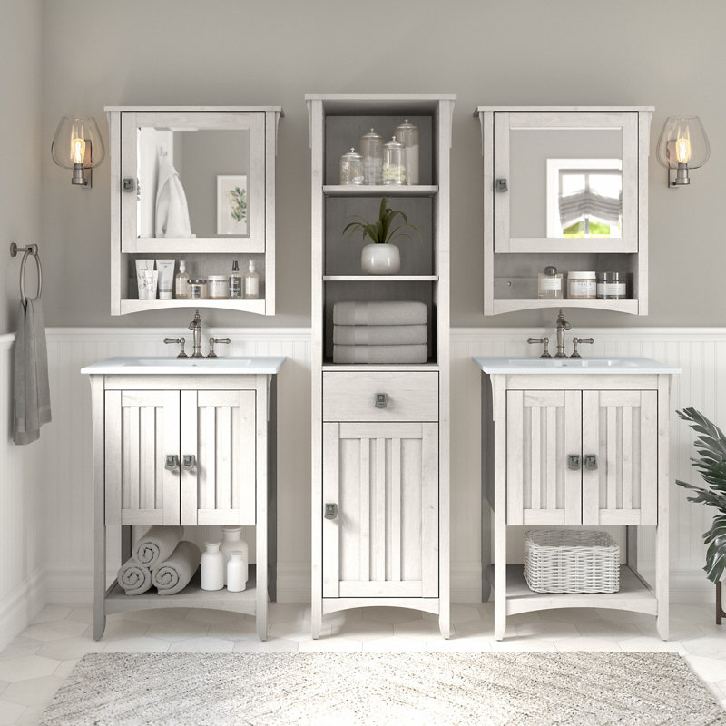Keyunta Double Bathroom Vanity with Ceramic Top, White Oak
