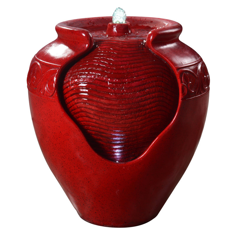 Hand Crafted Weather Resistant Urn Fountain with Light, Red