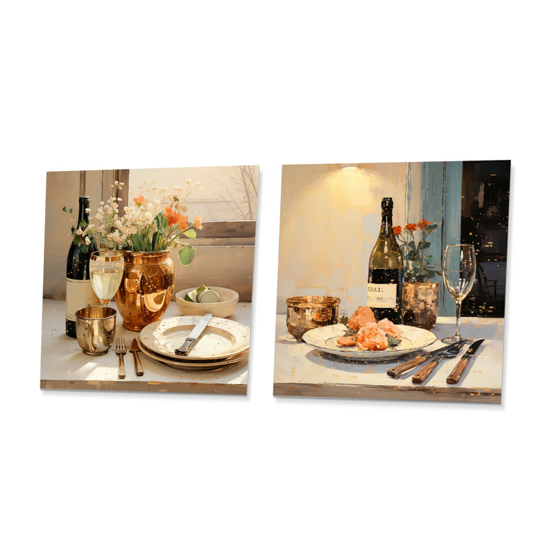 Couverts de cuisine Beige Wine Essence I - ensemble de 2 impressions murales en métal pour cuisine, H 36 po x l 72 po