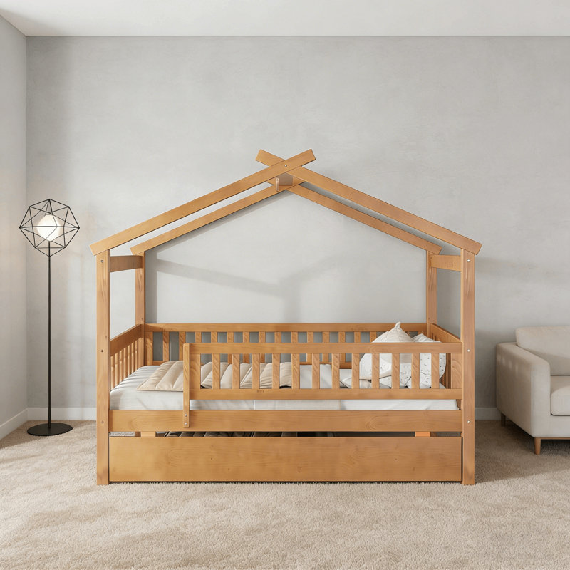 House Style Bed With Built In Trundle, Walnut, Twin