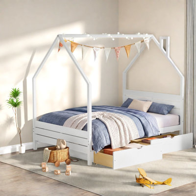 Lit double avec tiroirs de rangement, structure en bois MDF, chambre d'enfant moderne