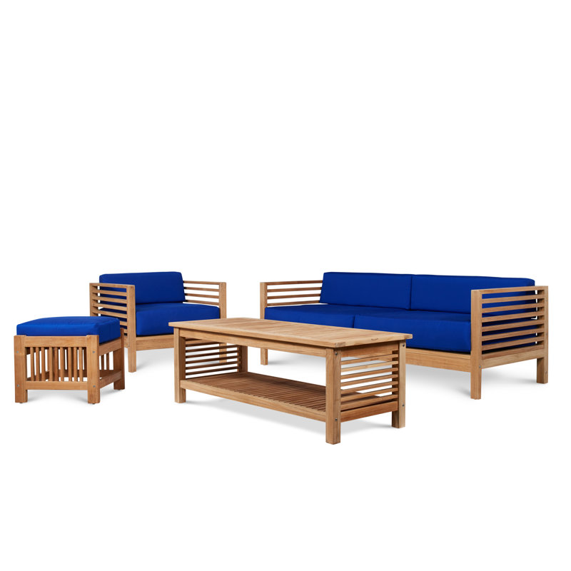 Summer 4 Piece Rattan Sunbrella Sofa Set with Cushions, Brown, Navy