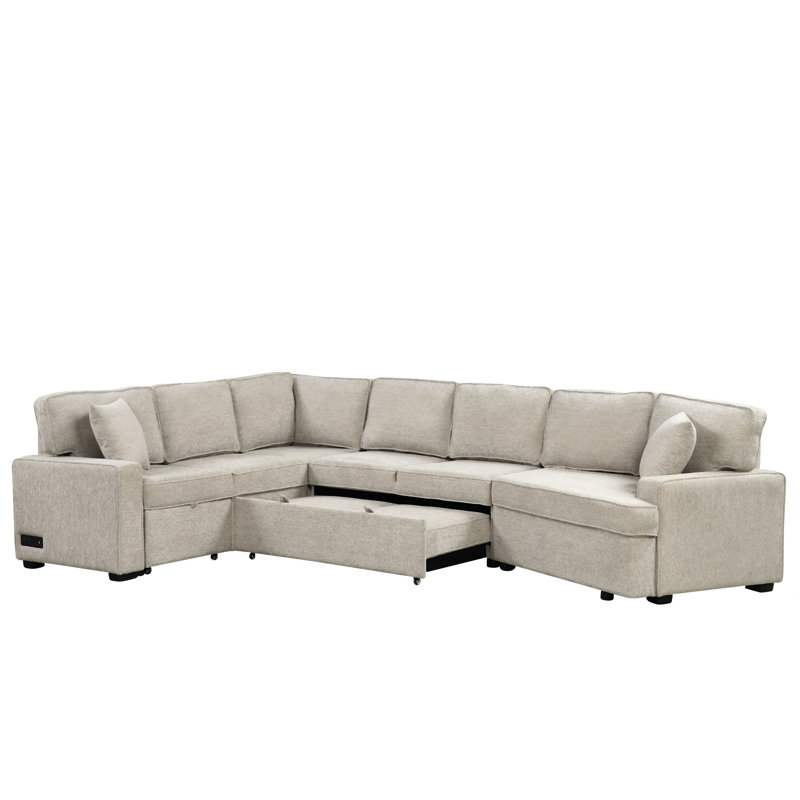 Canapé-lit modulaire en forme de L de 126 po avec canapé-lit et dispositif de charge pour porte-gobelets, Chenille beige