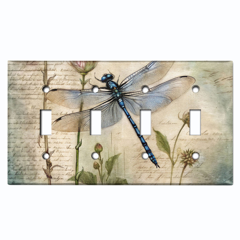 Couvercle de plaque d'interrupteur en métal; Bascule 4 bandes US Standard - Libellule rustique, # 4 Quad bascule