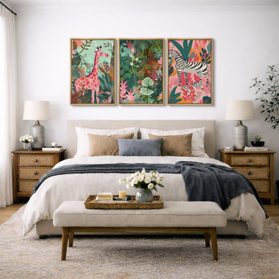 Bright Preppy Animals "Dreamy Safari Pink Green Animal Illustration Artwork, Boho Nursery Kid's Room Decor Wall Pictures, Framed Canvas Giclée Print 3 Pieces Wall Art x3 pcs