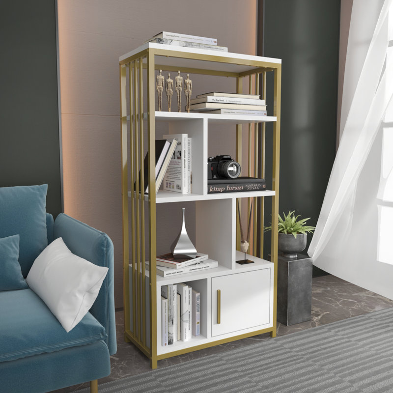4-Tier Modern Bookcase Bookshelf with a Cabinet, White, Gold