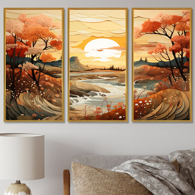 Ensemble de salon art oranges orange coucher de soleil coucher de soleil - forêt et rivière, Cadre flottant doré