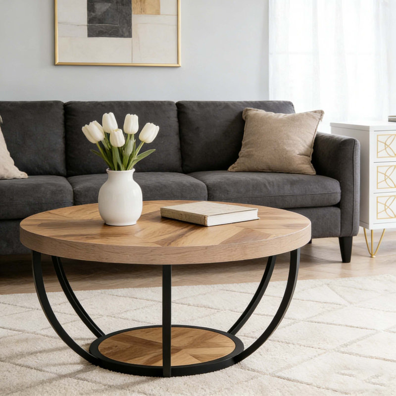 2-Tier Round Wooden Central Cocktail Table With Shelves, Light Brown & Black