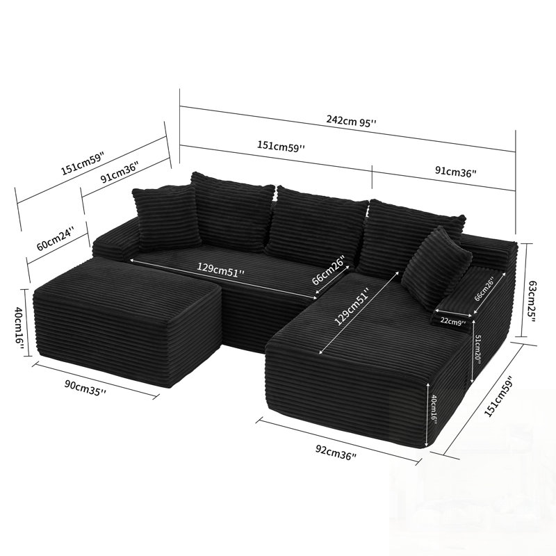 Canapé modulaire en L avec méridienne, repose-pieds et support ergonomique pour les salons modernes, Black