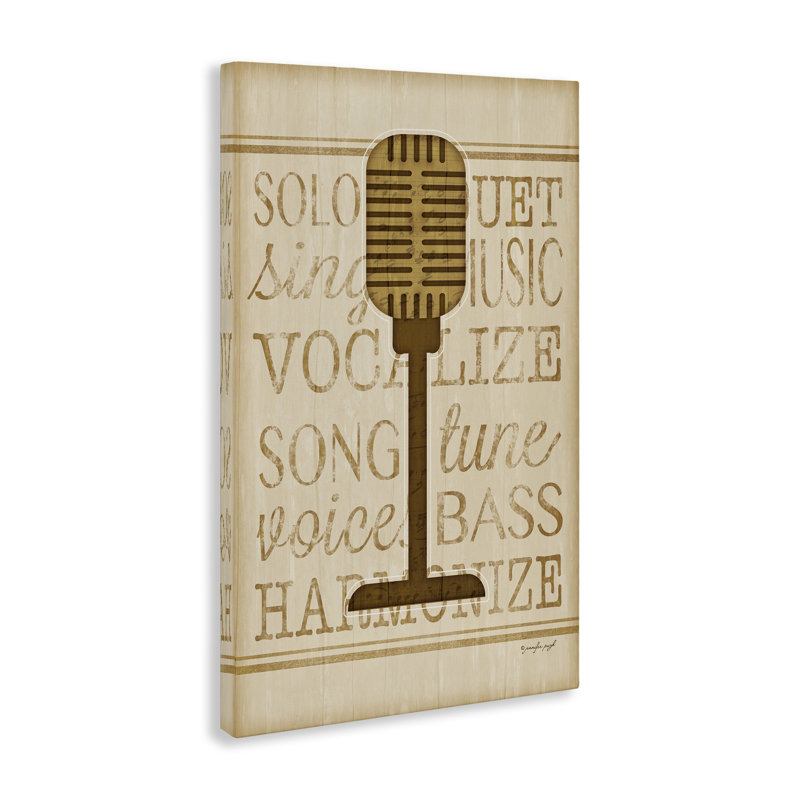 Art musical sur toile, mots de musique et microphone, design par Jennifer Pugh, H 16 po x l 24 po