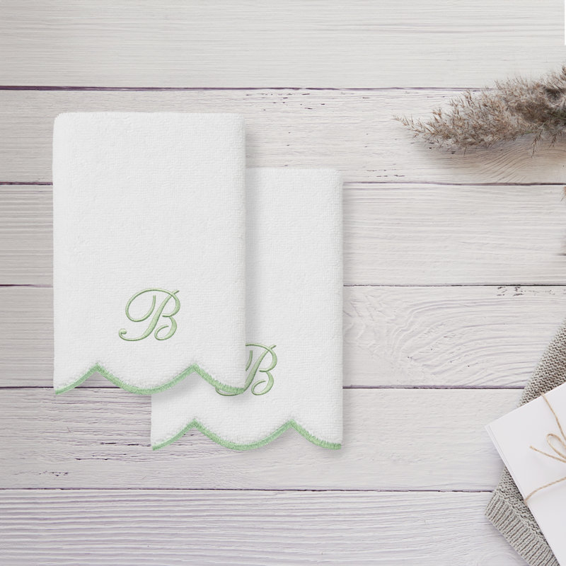  Ensemble de serviettes 100% coton turque ADORNIA, B, Blanc/vert, Ensemble de 2 serviettes à doigts
