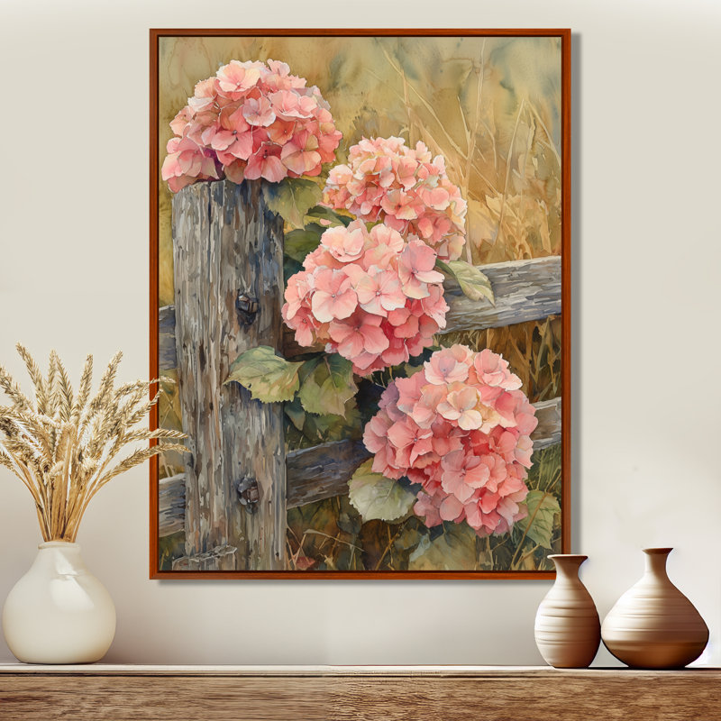 Farm Hydrangeas By The Fence I - Hydrangea, reproduction d'art sur toile, H 40 po x l 30 po, Brun