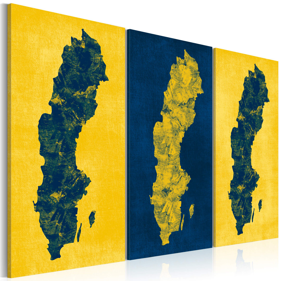 3-tlg. Leinwandbilder-Set Painted Map of Sweden