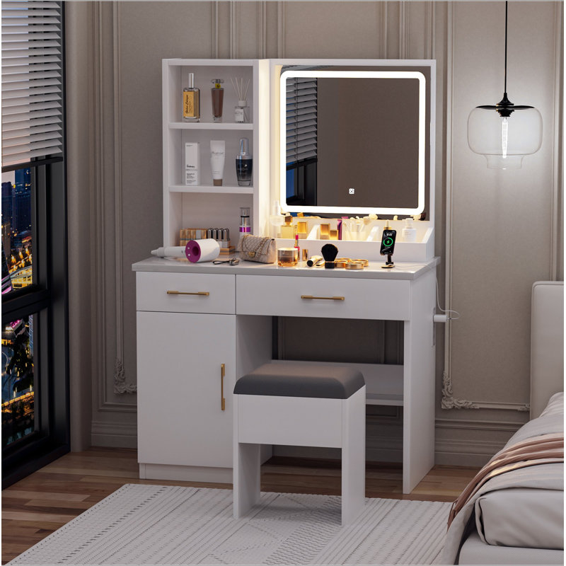 Meuble-lavabo 3 en 1 avec miroir ouvert, ensemble de coiffeuse avec bureau en verre visible, coiffeuse compacte avec 3 tiroirs et tabouret, coiffeuse pour chambre à coucher