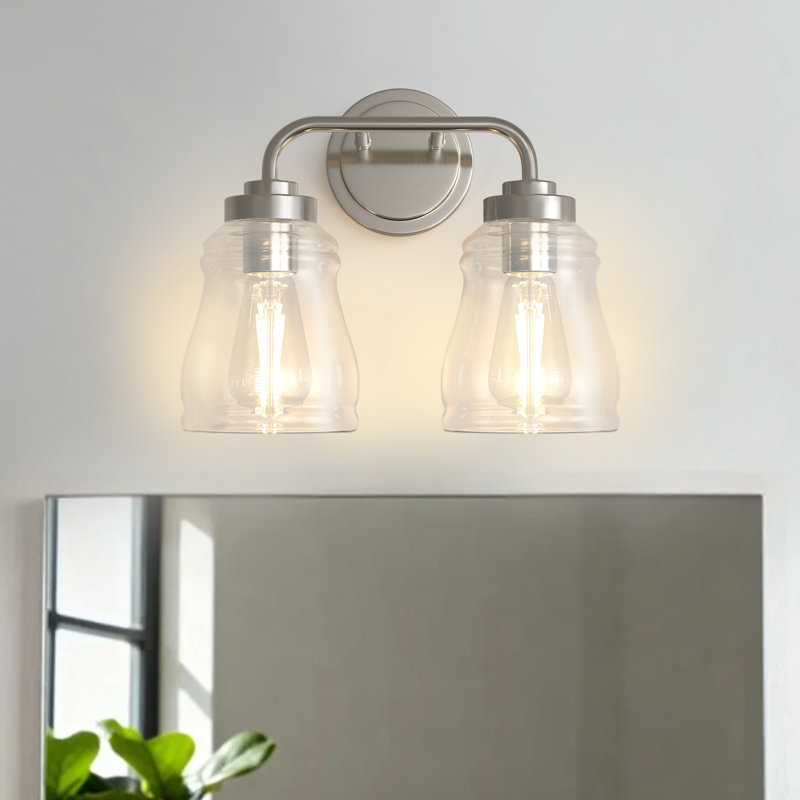 Luminaire de meuble-lavabo industriel avec abat-jour en verre transparent, Deux lumières, Nickel satiné