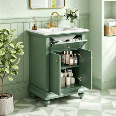 Meuble-lavabo de salle de bain 24 po avec tiroir basculant, charnières à fermeture en douceur et pieds tournés en boule, meuble de rangement autoportant avec structure ouverte à l'arrière, style français d'élégance
