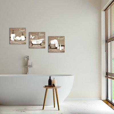 12x12 Inch Neutral Brown Bathroom Canvas Art, 3 Pack for Private Bath Area