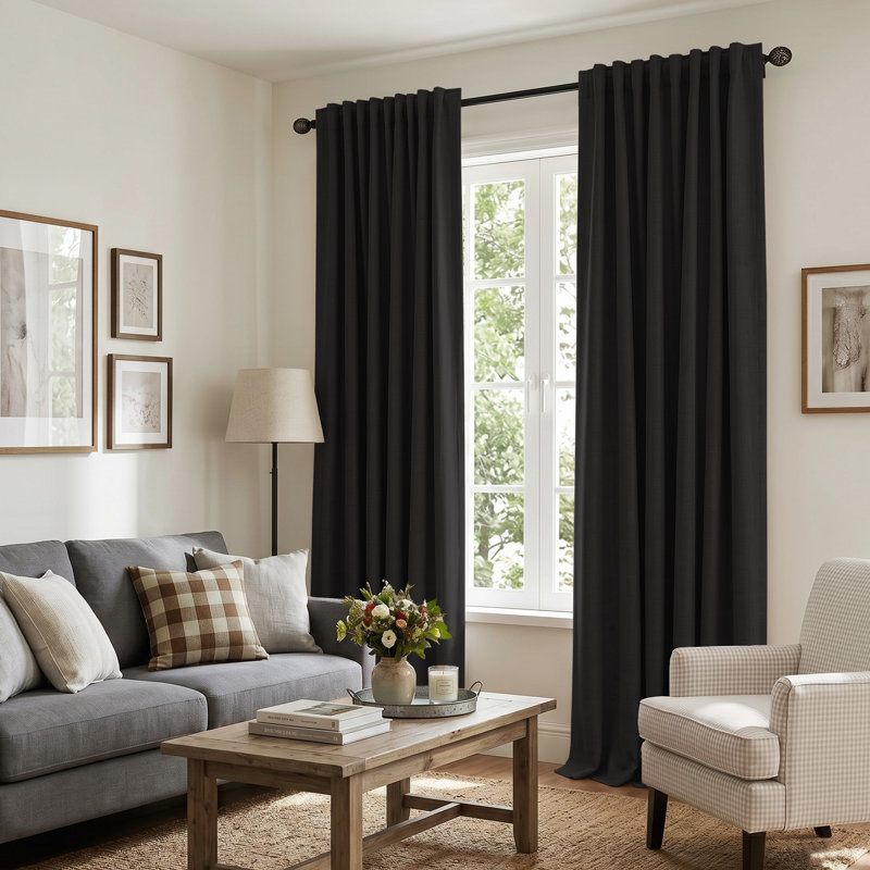 Birglinde Faux Linen Thermal 100% Blackout Curtains Rod Pocket/Ring Clips, 50" W x 72" L, Black