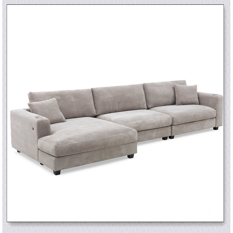 Grand canapé modulaire en velours côtelé en forme de L 134 * 54 "avec port de charge USB, Velours côtelé kaki