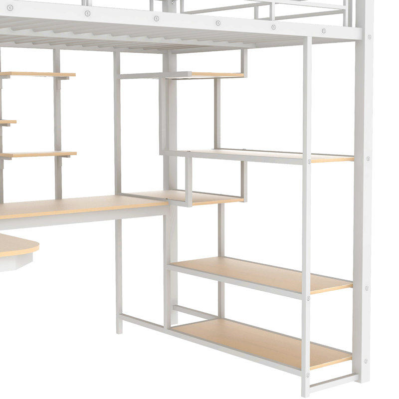 Lit mezzanine blanc avec escalier de rangement, bureau et tablettes avec bureau intégré et structure en métal