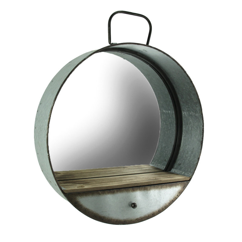 Demetria farmhouse galvanized gray metal, wood and glass round wall mirror with shelf and drawer — 20.5 inches diameter, 5 inches deep