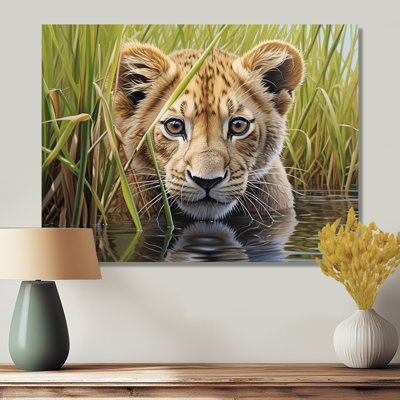 «Endearing Lion Cub By The River - Lion Animal», reproduction d'art murale