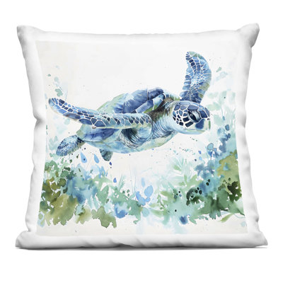 Coussin décoratif imprimé "Natation de tortue et botanique", design par LSR Creative Studio