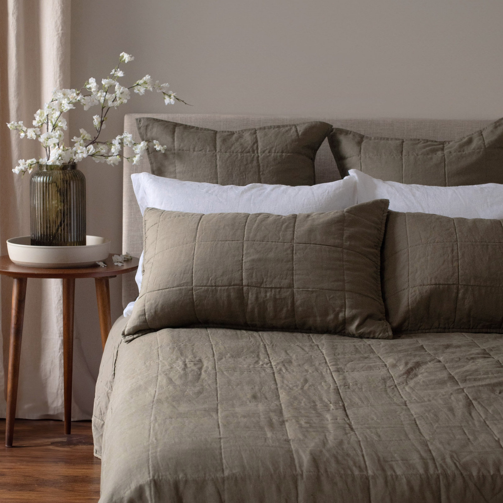 French Linen Box Stitch Quilted Sham Set, King, Moss