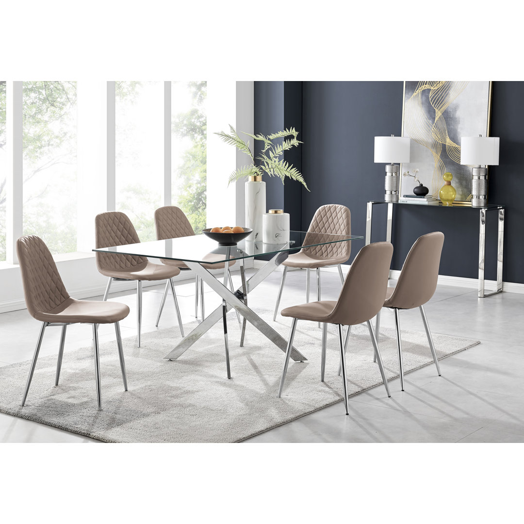Lenworth Modern Chrome Metal and Glass Dining Table Set with 6 Luxury Faux Leather Dining Chairs East Urban Home Chair 