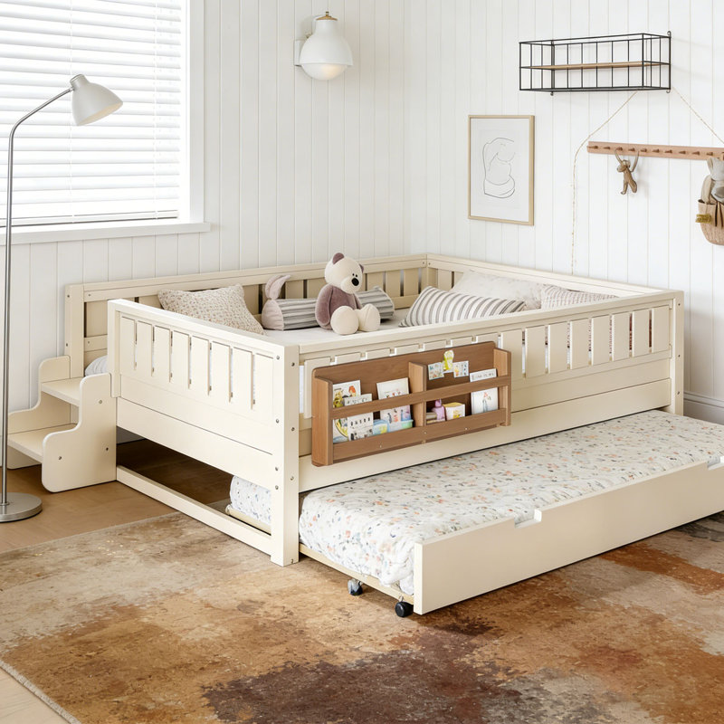 Bed with Built-in Bookshelves and Small Staircase, Grand lit, Beige