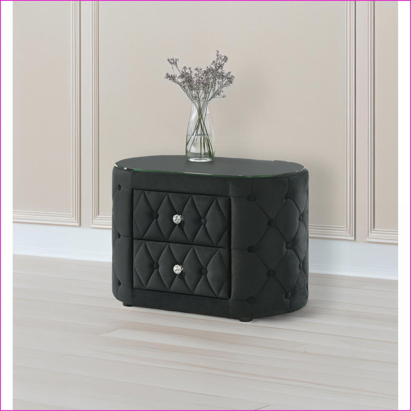 Table de chevet moderne noire avec revêtement capitonné, plateau en verre trempé et 2 tiroirs