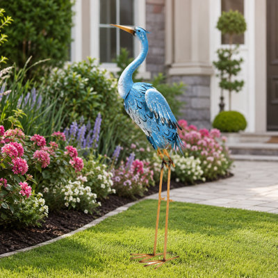 38 in. Hand-Painted Blue Metal Crane Yard Sculpture with U-Stakes, Tall Bird Accent for Garden, Lawn, Porch and Courtyard Decor