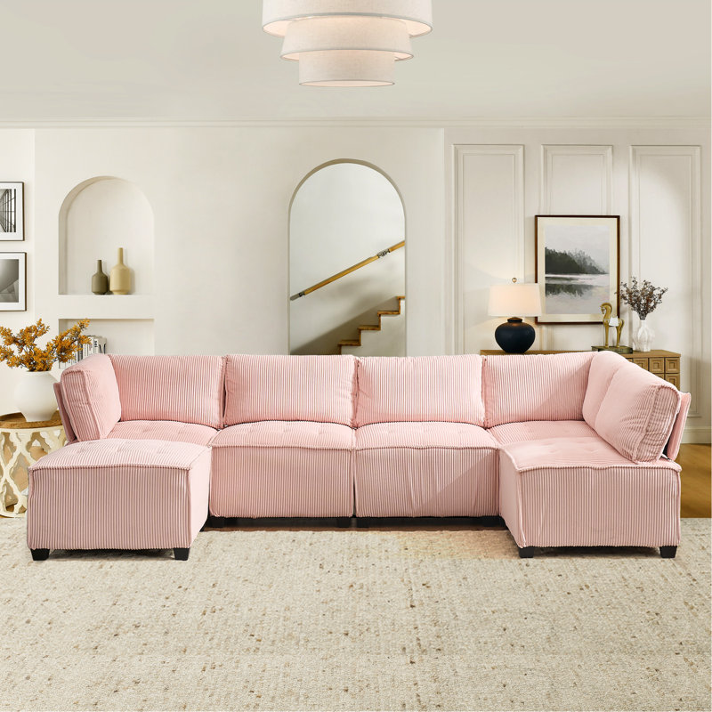 Arlynda 121.26"W Modular U-shape Sectional, RAF, LAF, Ottoman, Pink Corduroy