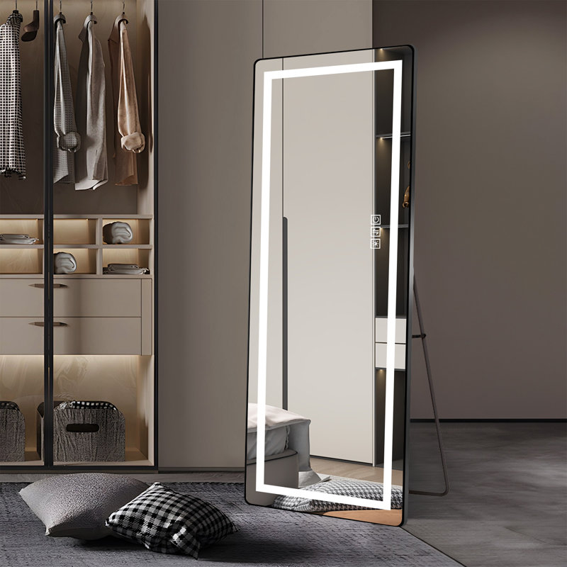 Miroir pleine longueur 64 po x 21 po avec éclairage à DEL avec cadre rond, miroir de plancher éclairé avec support, miroir mural à intensité variable, miroir à Selfie