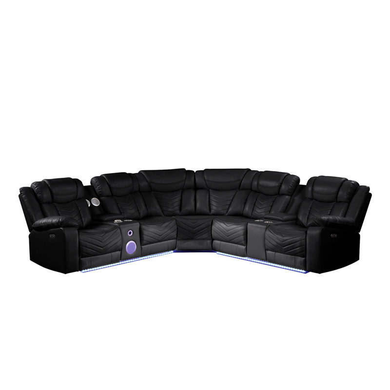 Canapé modulaire inclinable en forme de U, similicuir, détails en acier inoxydable, canapé modulaire moderne noir avec fauteuil inclinable électrique, base en bois